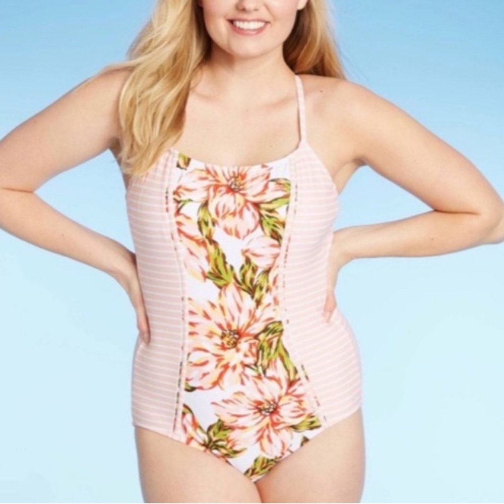 Kona Sol Orange Floral Striped One Piece Swimsuit S/L NEW